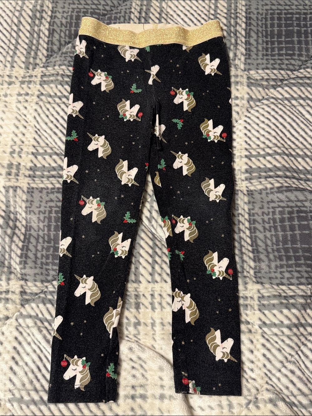 Girls' Black Unicorn Print Leggings with Gold Waistband